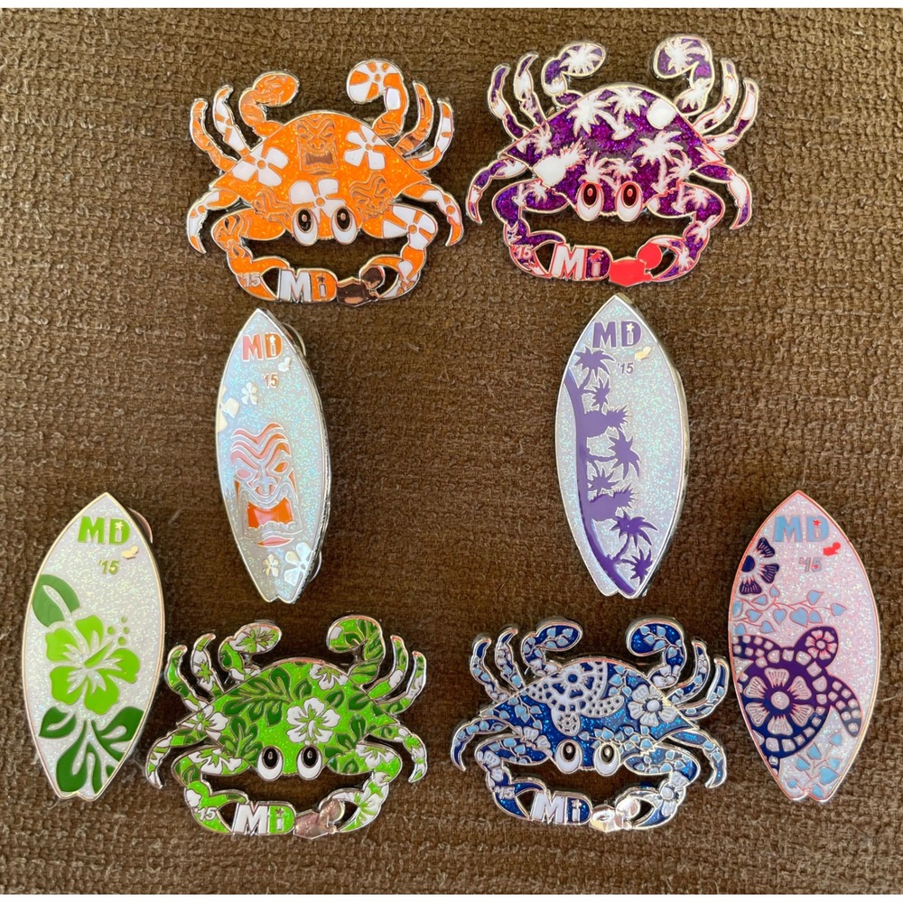 Maryland Crab Destination Imagination Surfboard Pin Set  Excellent Glitter 2015
